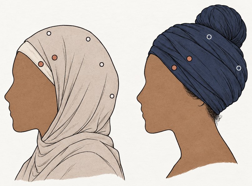 Two illustrations of head coverings worn with EEG electrode positions marked